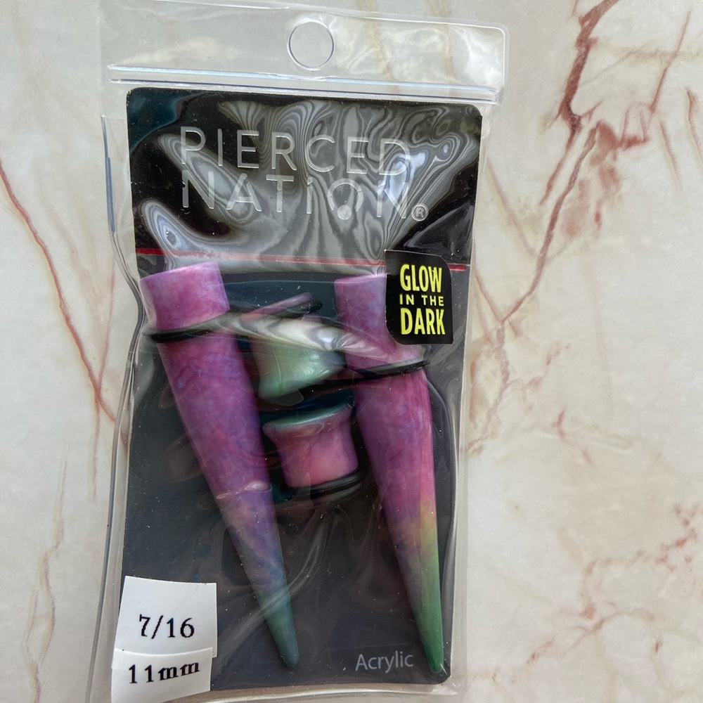 Purple/Green, Glow-in-the-dark, plugs and tapers set. 7/16g